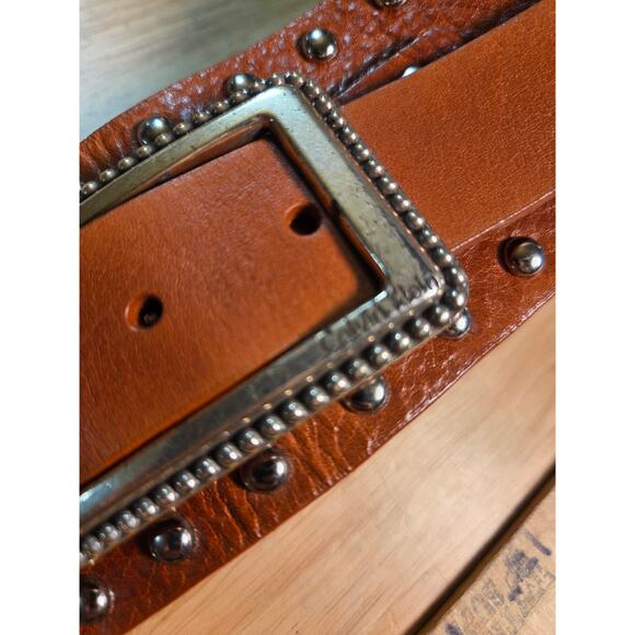 Calvin Klein Brown Genuine Leather Studded Belt Silver Toned Hardware 38" - Picture 4 of 9